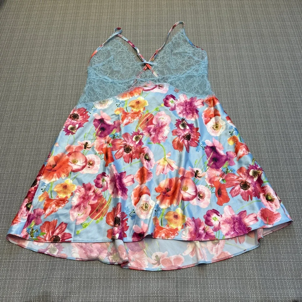Victorias Secret Babydoll Large Light Blue Floral Lace Chemise‎ Nightgown Slip